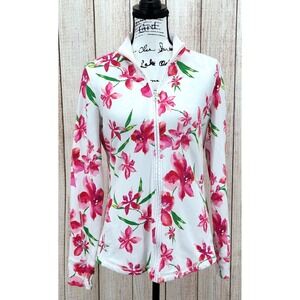 Tommy Bahama Orchid Floral Zip Jacket Medium‎ White Pink Cotton Stretch Full Zip
